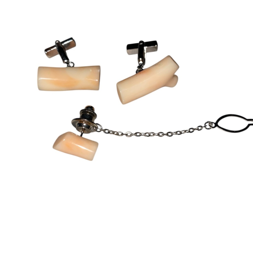 Vintage 60s Angel Skin Coral Branch Cufflinks & Tie Tack Pin Gemstone Set luxury